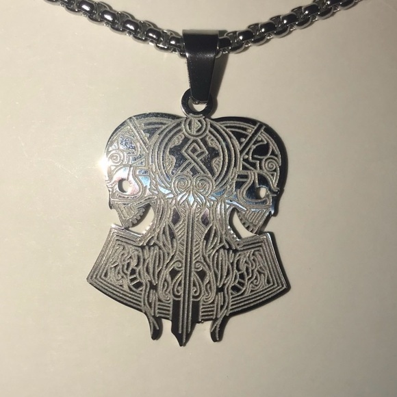 “Opposing Tribal Skulls” Native American Aztec Celtic Nordic Conjoined Necklace - Picture 12 of 13